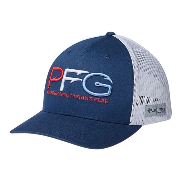 Columbia PFG Mesh Back Snapback Cap~Blue White Red Hat Outdoor Fishing ~ L14 44 - Picture 1 of 6